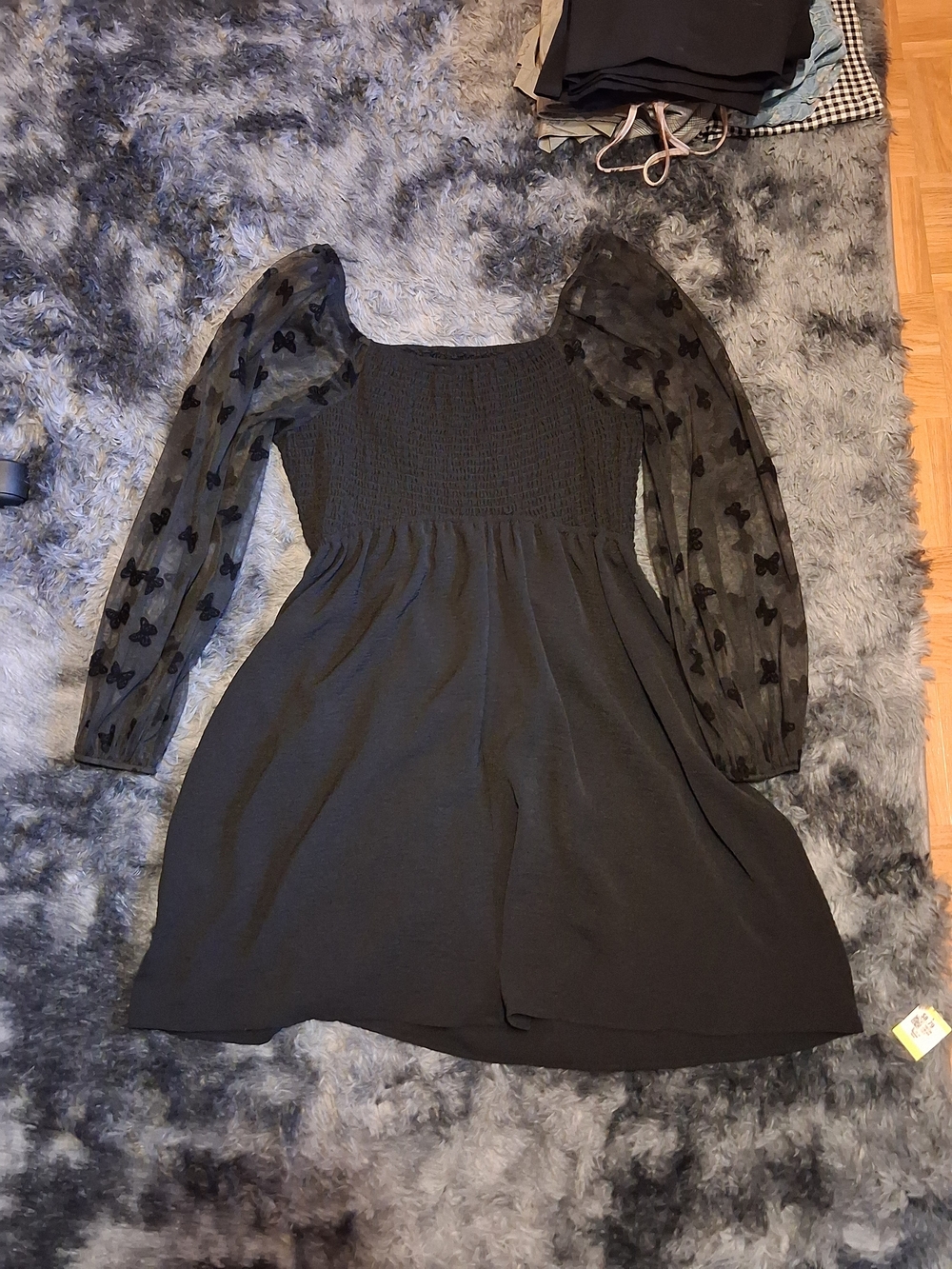 Black Puff-Sleeve Smocked Waist Dress